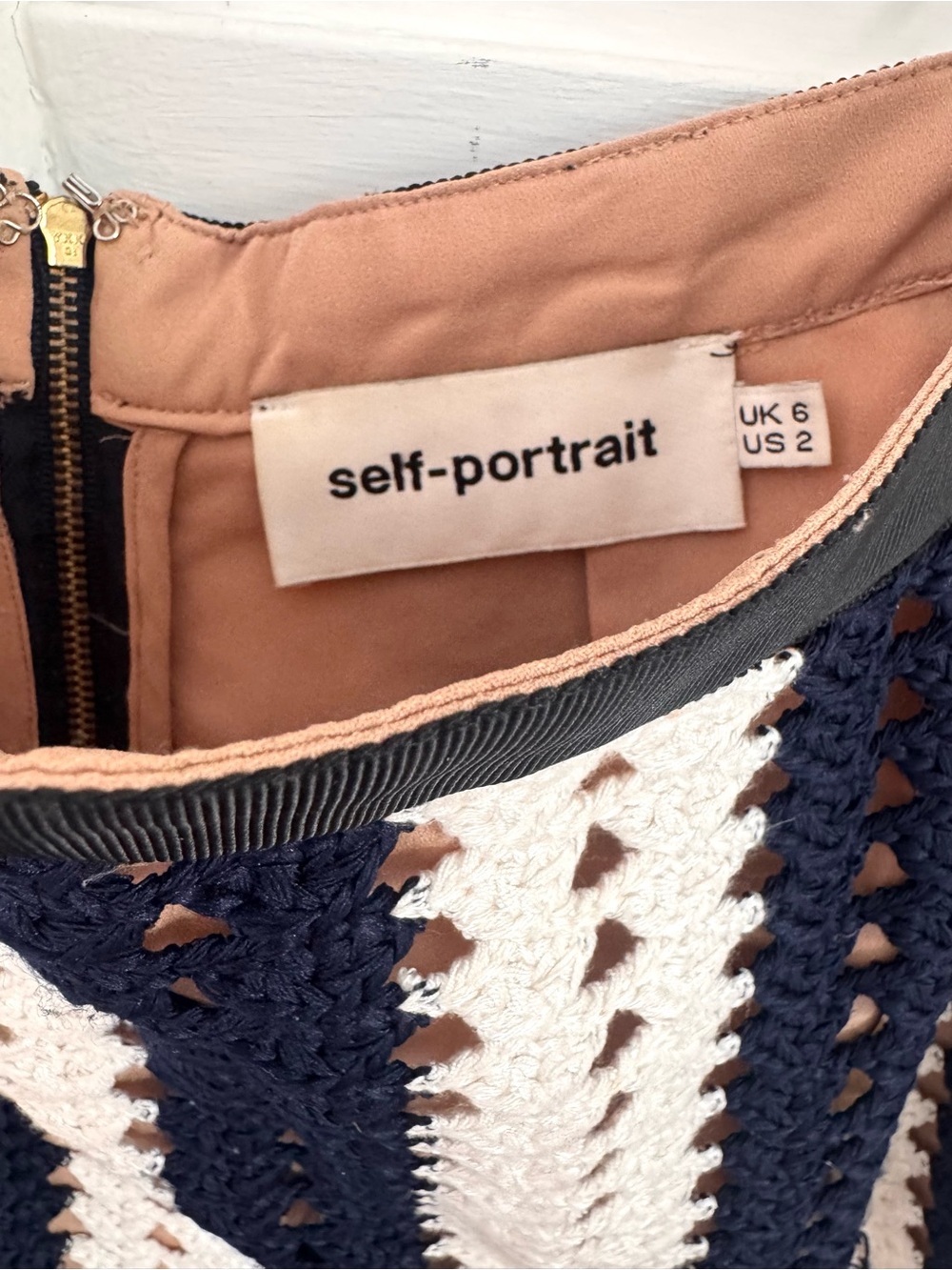 Self-Portrait Striped Crochet Knit Midi Skirt - Navy & White - Picture 7 of 8